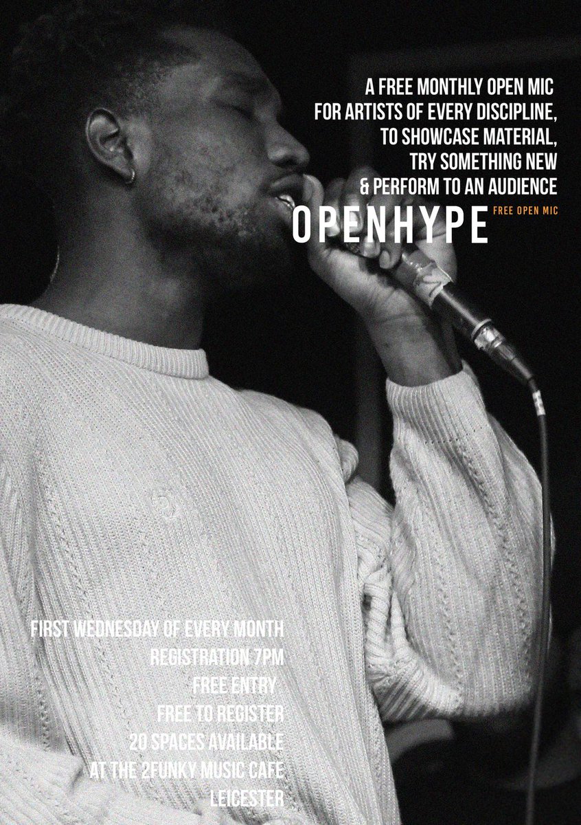 2funkymusiccafe's tweet photo. OPEN HYPE 🔥 Wed 6th December - Open Mic Night For Rappers, Singers & Poets 🎤 Artists Register At 7pm! #openhype #2funkymusiccafe #leicester https://t.co/UH5juK5yn8