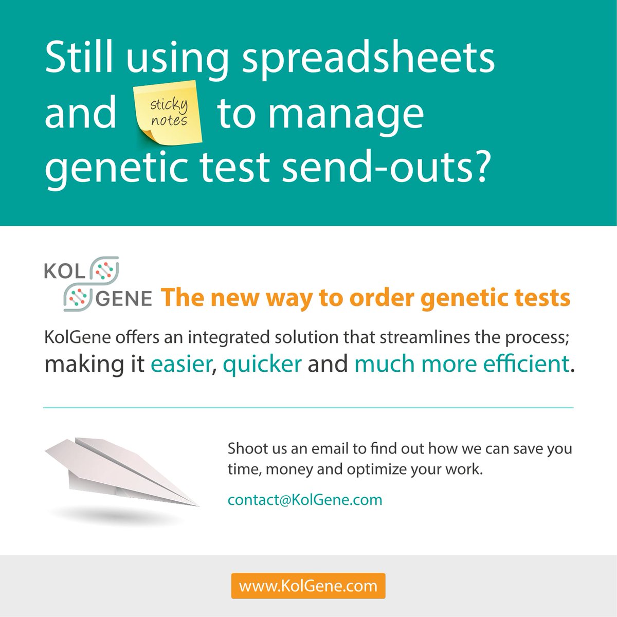 KolGene_'s tweet photo. Attention clinicians and lab directors:
Keeping track on your lab send-outs using spreadsheets? 
Contact us to learn how you can optimize your send-out operation
https://t.co/qLcX2tm9yE https://t.co/cwrUq3kgns