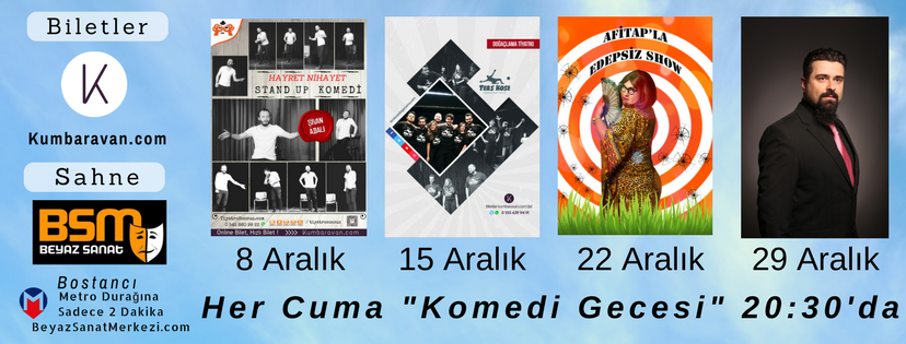 🎭 <a href="/oldcitycomedy/">Old City Comedy Club</a> Organizasyonuyla her Cuma günü "Komedi Gecesi" 08 Aralık <a href="/sivanadali/">Şivan Adalı</a>, 15 Aralık @terskosedgclm, 22 Aralık <a href="/aafitapp/">Afitap Bir Kadın</a>, 29 Aralık <a href="/Volkan_Kantoglu/">Volkan Kantoğlu</a>, Saat: 20:30'da! Gelsenize 😇Biletler Özel İndirimler ve fırsatlarla; @kumbaravan 🎟️🎫