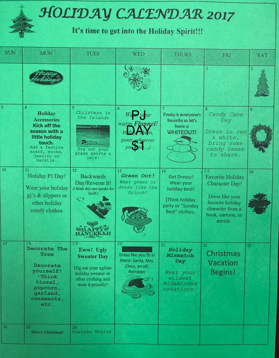 MorrishDragons's tweet photo. Our holiday spirit calendar begins tomorrow. Please note there is a change on December 6th. It’s is PJ Day sponsored by our Blueberries.
Wear your PJs and bring $1. All donations will be given to Toys for Tots. https://t.co/2jVMWLF5Aw