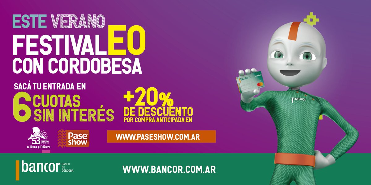 BancodeCordoba's tweet photo. Anticípate al #FestivalEO con #LaCordobesaMasLinda! Aprovecha la PROMOCIÓN EXCLUSIVA de #TarjetaCordobesa entradas anticipadas con 20% de descuento + 6 cuotas SIN interés en #PaseShow y viví la #edición53 del @FestivalJM del 4 al 15 de enero 2018 https://t.co/ReWKu4Of49