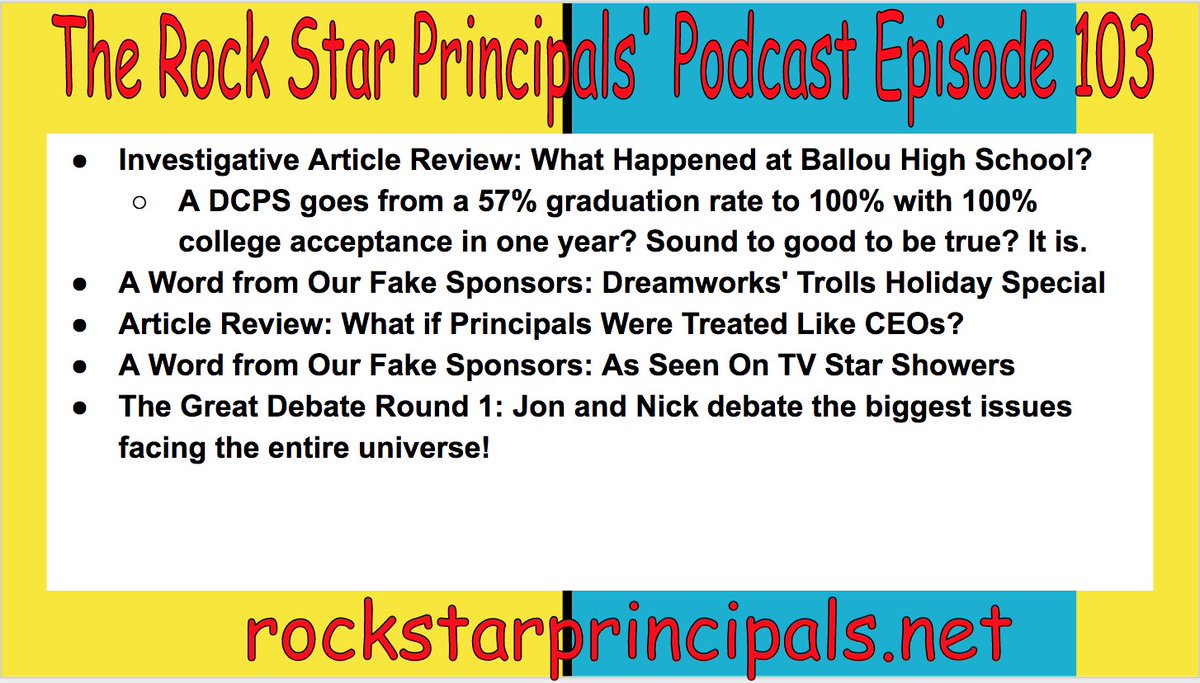 RckStrPrincipal's tweet photo. Episode 103 of https://t.co/E4gjFg3tu8 drops Monday evening! Listen on our website, on @iTunes, or on @Stitcher #PushThePendulum #edchat #sunchat #satchat #KidsDesereveIt #Leaders #leadership #LeadershipDevelopment #starshower @AsSeenOnTV https://t.co/GArBYyCXwV
