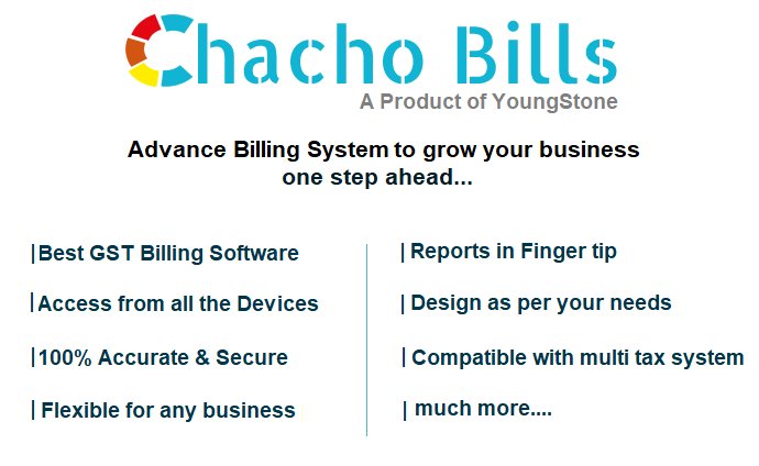 YoungStone_Tech's tweet image. ~ Chacho Bills :: A Product of YoungStone ~ Advance Billing Software for your business within your Budget. 
 For Demo : Get in touch with our sales guru +919066222610
 #GSTapplication #Billingsoftware #GSTbasedbillingsoftware