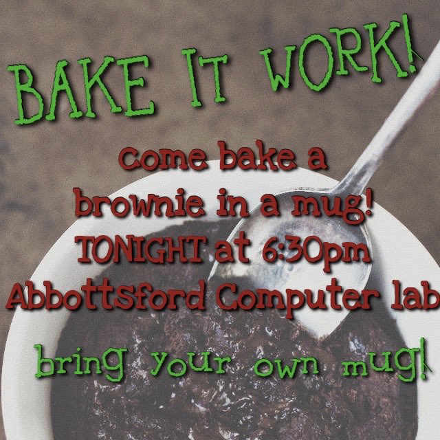 MUAbbottsford's tweet photo. TONIGHT! get ready for a busy week with a sweet treat - come to the computer lab at 6:30 pm with your own mug to make a BROWNIE IN A MUG!!! ❄️♥️ #wearemarquette #wearetheabbottsford https://t.co/MhVPk1FUj5