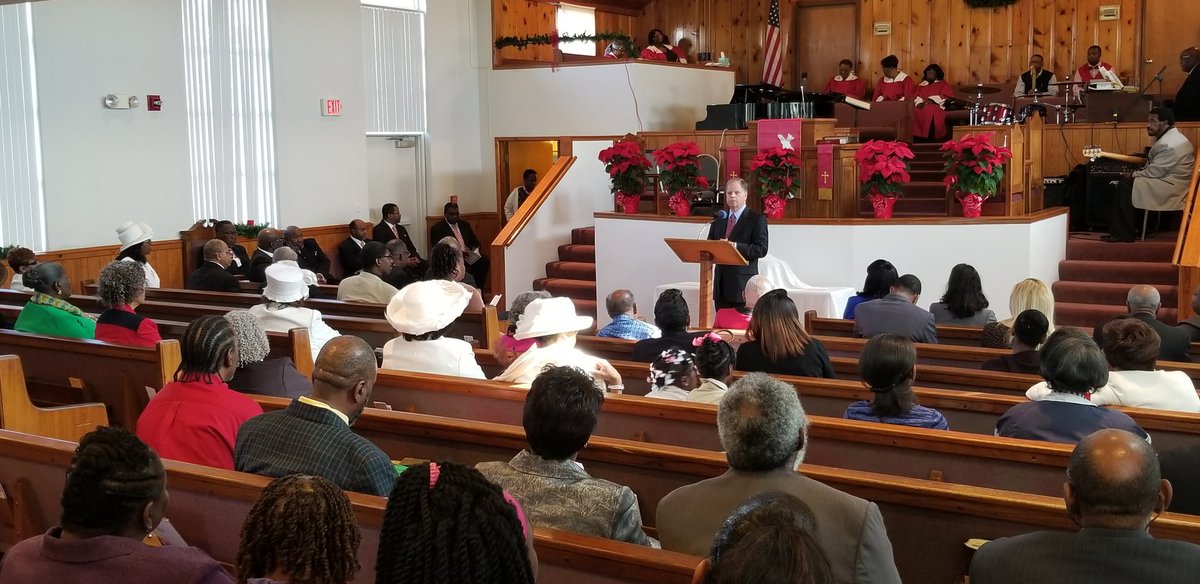 DougJones's tweet photo. "Roy Moore doesn't want to talk about the issues affecting Alabamians. He wants to talk about the issues that divide us because that's all he knows." - St. John Baptist Church https://t.co/RgwKNU9ejV
