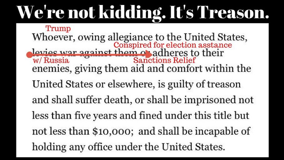 Since some people have trouble reading legal jargon I thought this might help. It's the definition of treason...keep it handy. 
#TrumpRussia #TrumpRussiaConspiracy 
#TreasonsGreetings #SundayMorning