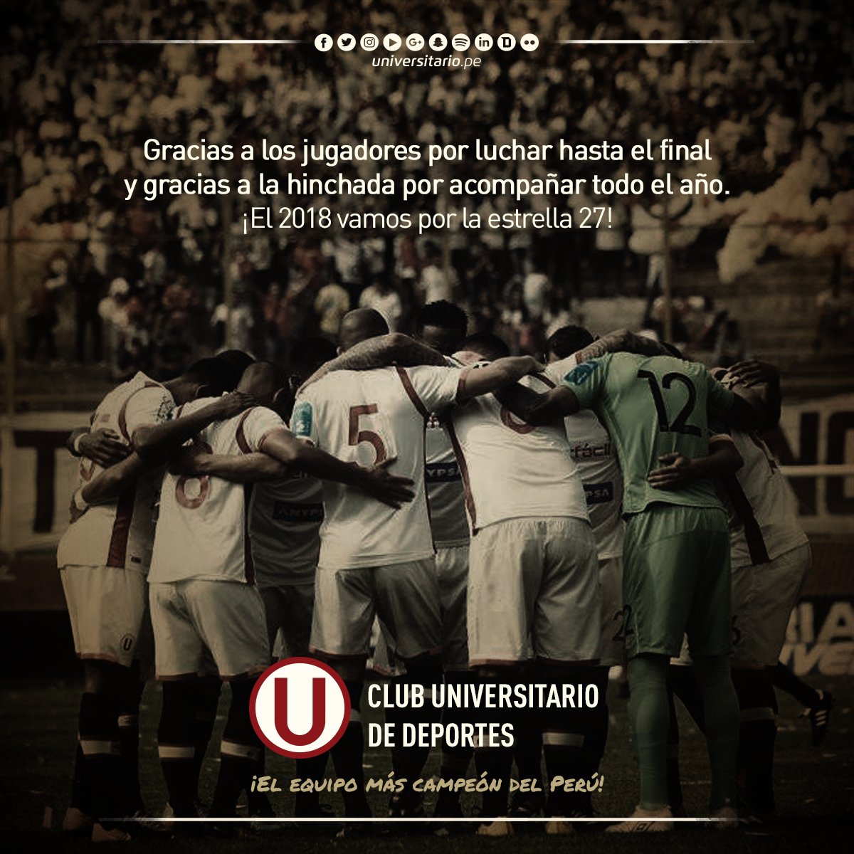 Universitario's tweet photo. ¡Gracias jugadores, gracias hinchada por luchar hasta el final!
¡El 2018 vamos por la ⭐27!
¡@Universitario, el equipo más campeón del Perú!
#LaU26vecesCampeón https://t.co/zamrCo2Sax