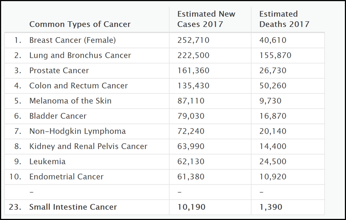 NCICancerStats's tweet photo. Compared to other cancers, #SmallIntestineCancer is rare. In the U.S. there will be ~10,190 new cases in 2017: https://t.co/btGppF5g68 https://t.co/DHD4X3HRKK