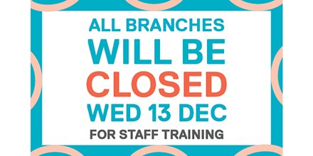 All Goldfields Library branches will be closed on Wednesday 13 December for staff training. Library agencies will operate as per normal hours. Don't forget our eLibrary is always open! bit.ly/1Ix2ZEe