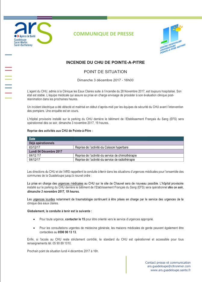 New status report from <a href="/ars_guadeloupe/">ARS Guadeloupe, Saint-Martin et Saint-Barthélemy</a> 🏥at 16h local hour.
The <a href="/ESCRIM_FRANCE/">ESCRIM-FRANCE</a> 🇫🇷 field hospital will be operational at 19h, to support #PointeaPitre #Hospital and attend its first patients.

x.com/ars_guadeloupe…