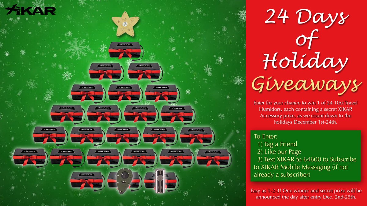 XIKARinc's tweet photo. It’s DAY 3 of the 24 Days of Holiday Giveaways! Now through Dec24th enter to win a daily XIKAR 10ct Travel Case Giveaway containing a secret XIKAR Accessory Prize! 
To Enter:
1) RT this Post 2) Follow Us 3) Text ‘XIKAR’ to 64600 to Subscribe to XIKAR Mobile Msg. (if not already) https://t.co/vObyL67Ynz