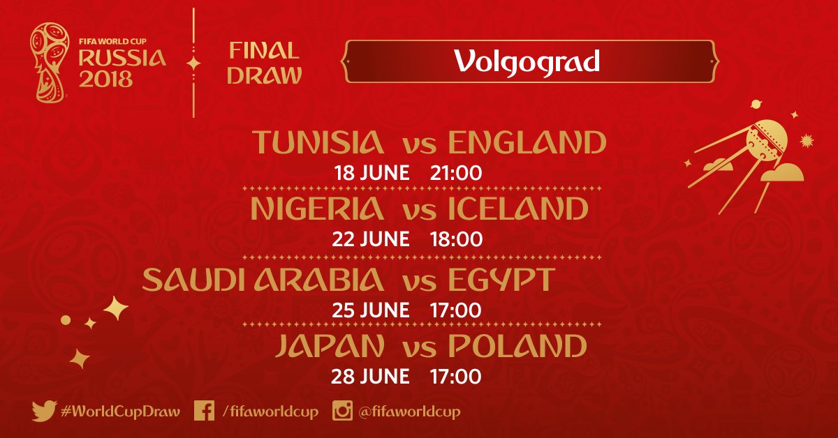 FIFAWorldCup's tweet photo. Opening day at Volgograd Arena 
🏴󠁧󠁢󠁥󠁮󠁧󠁿⚽️🇹🇳
An intriguing contest!🇳🇬😃🇮🇸
Group A finale🇸🇦🆚🇪🇬
An Asian-European clash🇯🇵🙌🇵🇱

❓Which of these four matches in Volgograd would you like to see?! https://t.co/EzQvkQWPlm