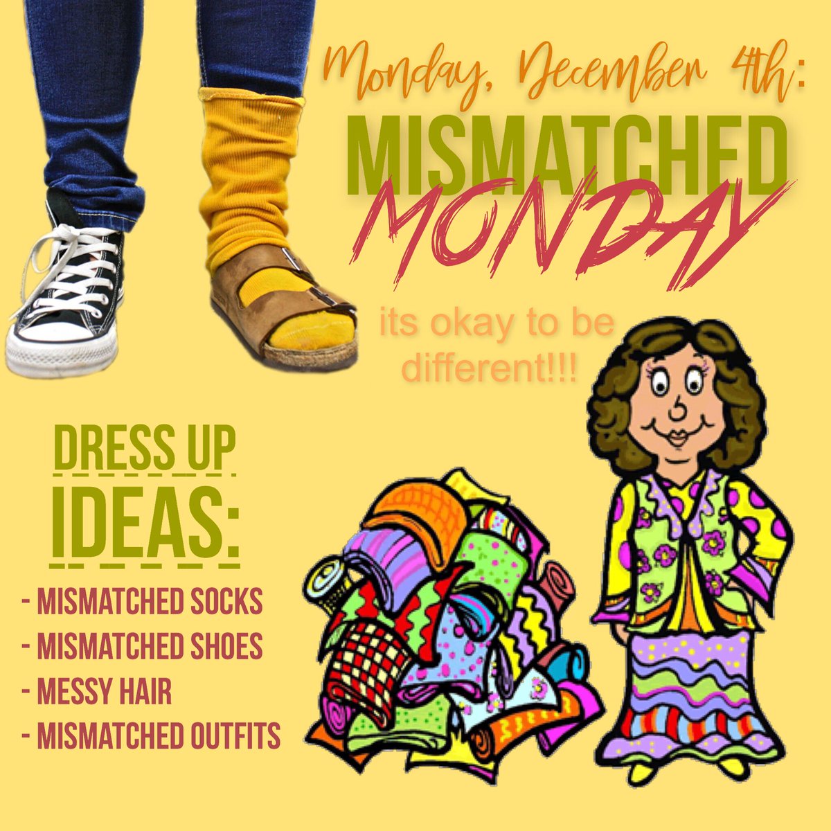 Don’t forget! Tomorrow is mismatched Monday! Be sure to dress up in your mismatched clothes and support anti-bullying. It’s okay to be different! 😊