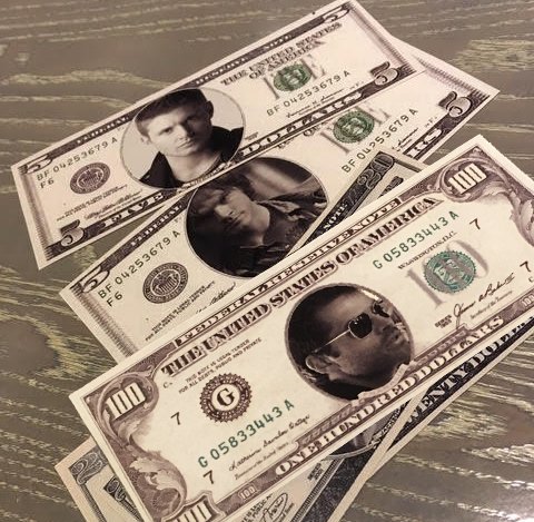mishacollins's tweet photo. Someone has been handing these out at #SPNSF. We used to look like a million bucks when we were young, but time &amp; inflation have taken their toll. https://t.co/0ng2sWKab5