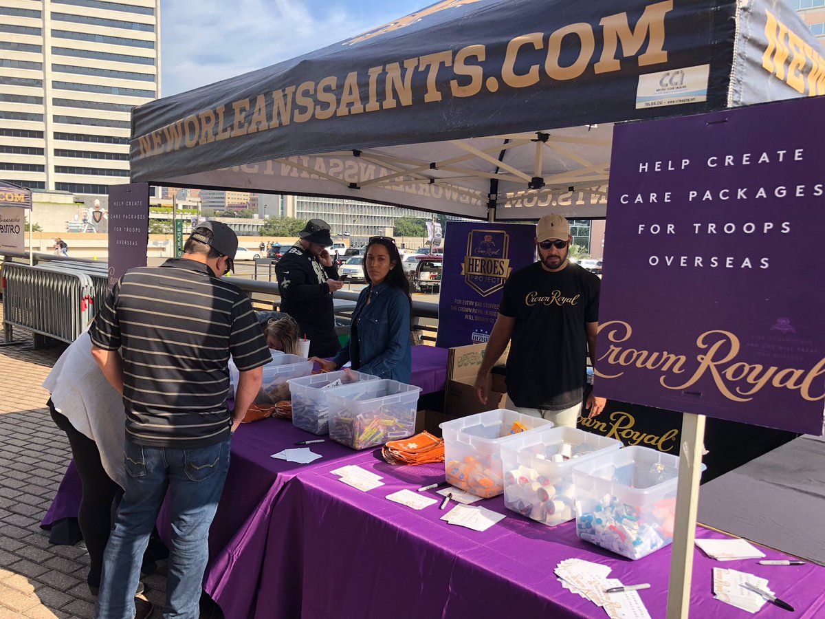 Saints's tweet photo. .@CrownRoyal and fans stuffing gift bags for military members!  

Also passing out water bottles and Crown Koozies!  

Join us at Gate B or East Island at Poydras  #HydrateGenerously #GOSaints https://t.co/a6sd9TbRFH