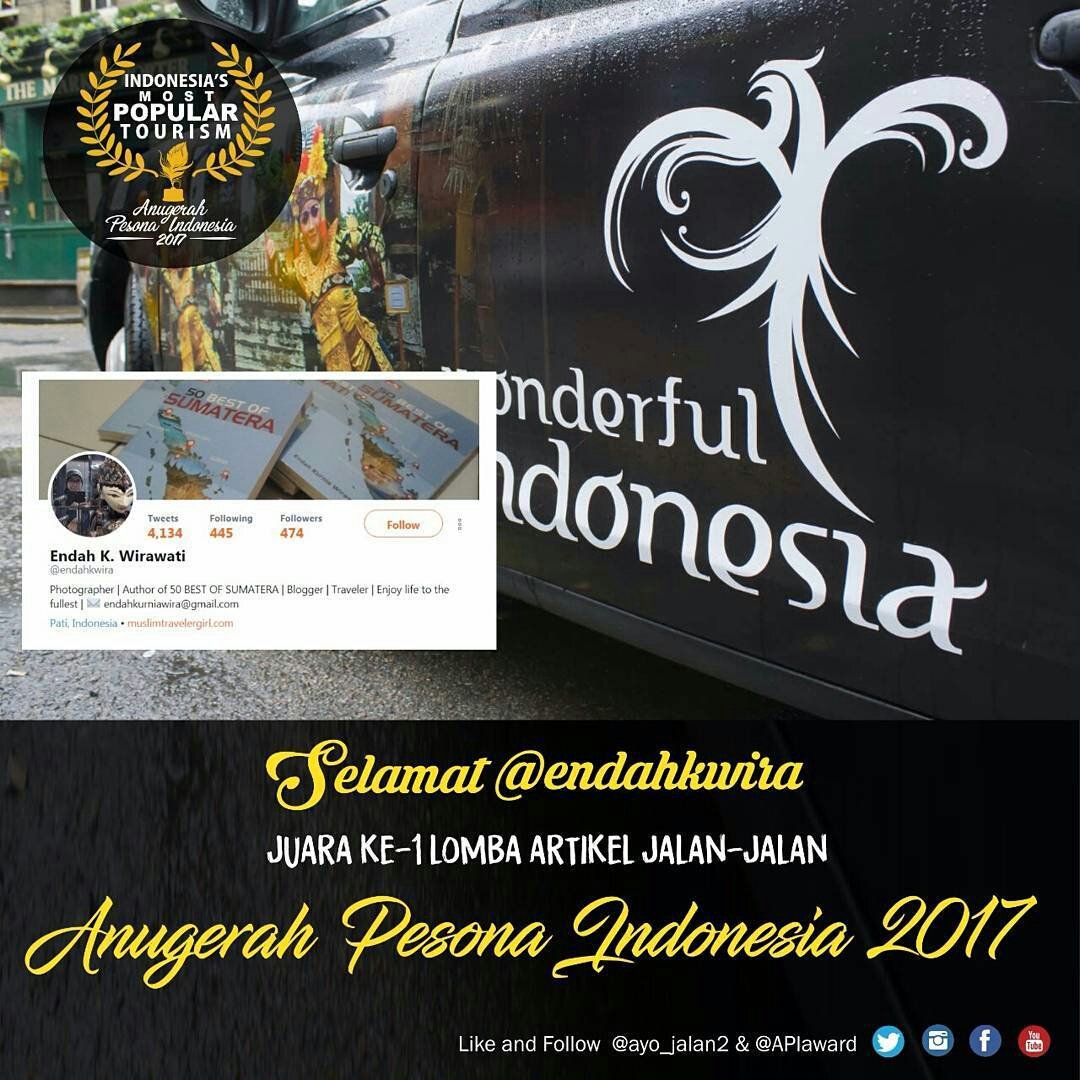 apiaward's tweet photo. SELAMAT KPD PEMENANG LOMBA ARTIKEL JALAN2 #AnugerahPesonaIndonesi 2017
.
1. Pertama @endahkwira jalan2 ke #IstanaSiak 
2. Kedua @anisanuradnin jalan2 di #kotaBontang kuliner Gami Bawis
3. Ketiga @ejiebelula jalan2 ke Situs #GunungPadang
.
#APIawards2017 #PesonaIndonesia https://t.co/D2CCVoT6MG