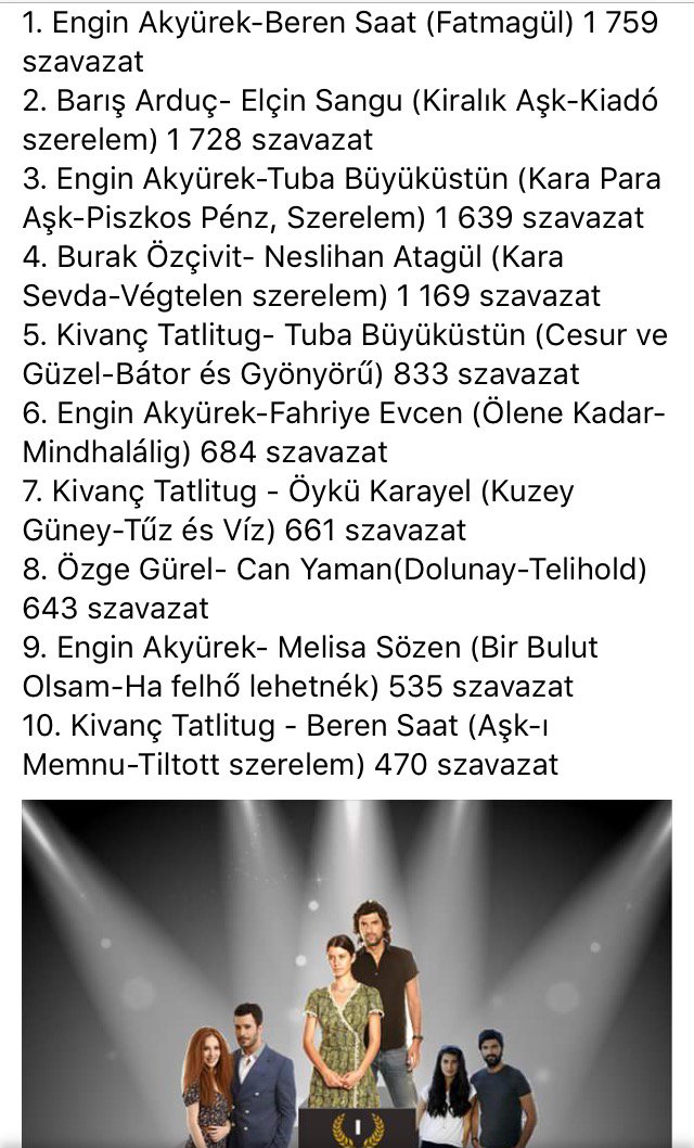 Favorite turkish  tv couples in Hungary 👍👍😍😍 
#EnginAkyürek #Berensaat #TubaBüyüküstün #KivancTatlitug #BurakÖzçivit 
#NeslihanAtagül
