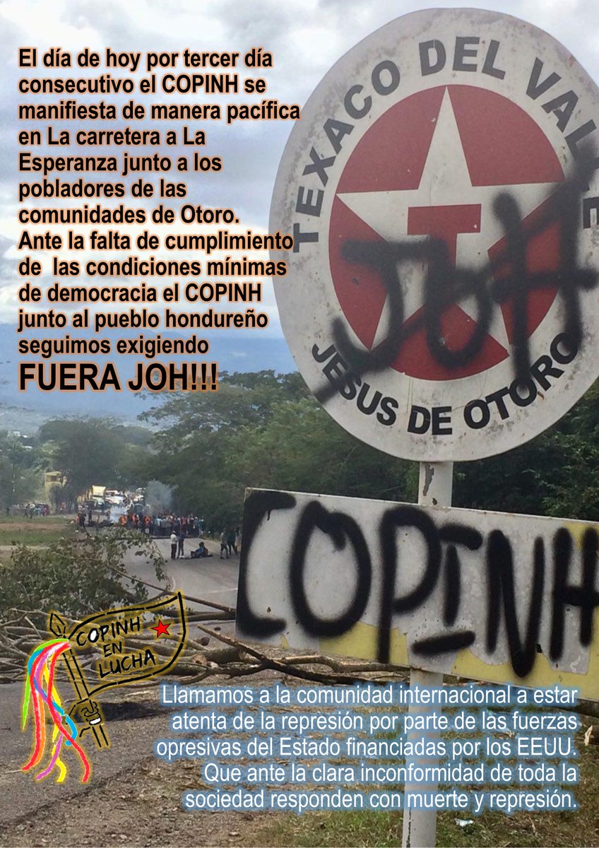 COPINHHONDURAS's tweet photo. por tercer día seguimos en toma! con el mismo grito de todo el pueblo hondureño seguimos exigiendo #FueraJOH!  #bertavive #laluchasigue https://t.co/KXDXIt0nmi
