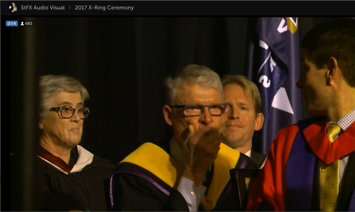 stfxuniversity's tweet photo. Congratulations Dr. Roy Rasmussen -- recipient of this year's honorary X-Ring! So well deserved!! And by the reaction, I'd guess it really was a surprise! @StFXAlumni @TheUOfficial https://t.co/JeL8XjHOEz
