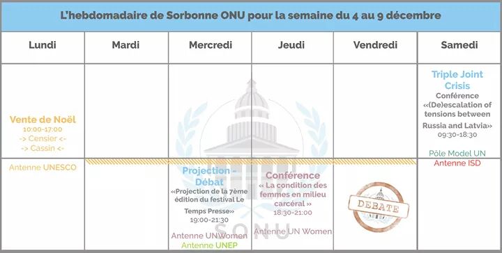 SorbonneONU's tweet photo. C'est le moment de découvrir votre nouveau calendrier de la semaine à venir ! 📆
C'est une semaine bien remplie en événements #SONU qui vous attend ! Et il y en a pour tous les goûts ! https://t.co/wwriPZwsBP