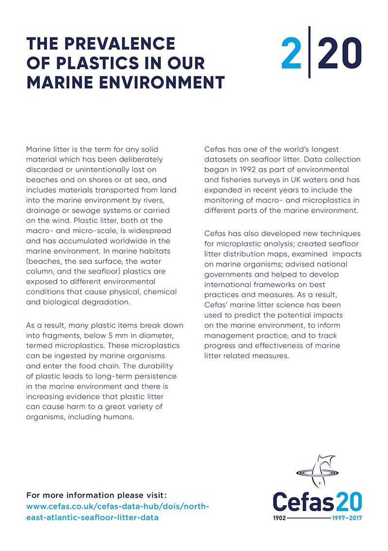 Plastics are prevalent in our marine environment. #BluePlanet2 viewers will have been shocked at the impacts they and other marine litter have on our marine environment.

Our new #Cefas20 infographic summarises what we have found and what we are doing to help.
