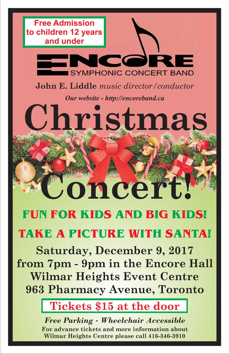 #Toronto #Christmas #Concert by 50 seasoned #musicians playing #seasonal #songs. Meet #Santa!  Sat Dec 9 at 7 to 9 pm, where? Wilmar Heights Centre, 963 Pharmacy Ave, #Scarborough. Adults $15 at door, kids free! Visit EncoreBand.ca 
<a href="/ScarbTO/">ScarbTO News & Ent</a> <a href="/TorontoEvents/">Toronto Events</a> #yyz #blogto #Toronto