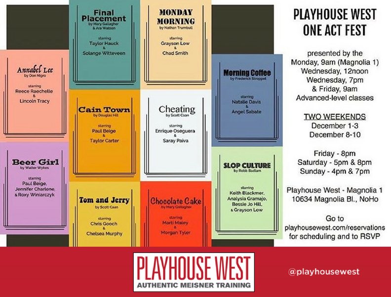 PlayhouseWest's tweet photo. You have two more chances to check out the One Act Fest today at 4 PM & 7 PM! Head on over to https://t.co/CWWO1nviIY to check the schedule and reserve your free ticket! 😎🎭
#playhousewest #oneact #oneactfest #actorslife #sanfordmeisner https://t.co/KwgMAHVFJR