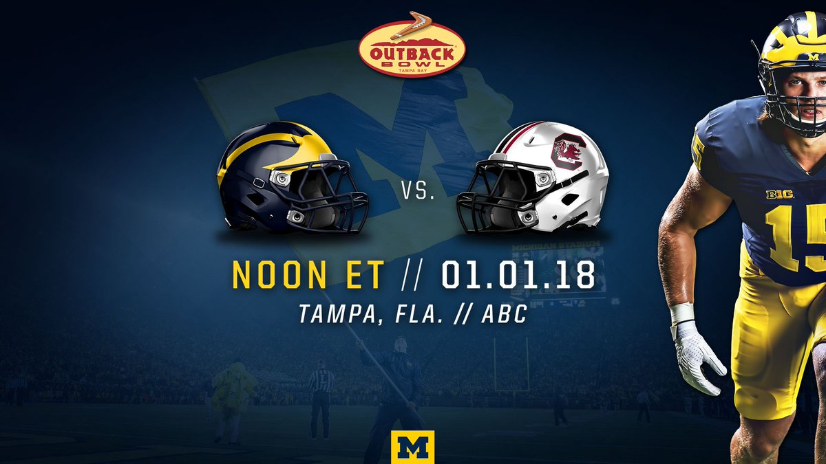 UMichFootball's tweet photo. TAMPA BOUND! 

Michigan is heading to Tampa to play South Carolina in the @outbackbowl on New Year's Day! 

#GoBlue 〽️🏈 https://t.co/AoCjquZUsA