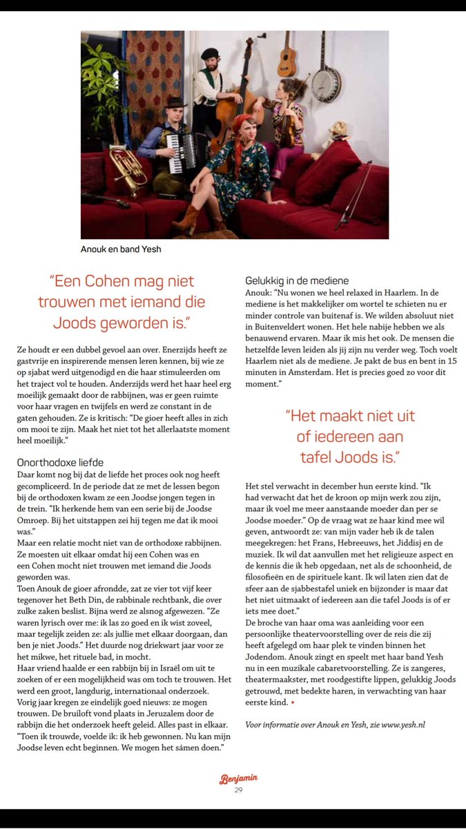 Ik werd geïnterviewd over de Joodse weg die ik heb bewandeld en die ik bezing in de voorstellingen van Yesh. Te lezen in tijdschrift "de Benjamin" op papier en online ( joodswelzijn.nl/nl/jmw-hamburg… ). Geschreven door Barbara Tanenbaum met foto's van Superformosa photography.