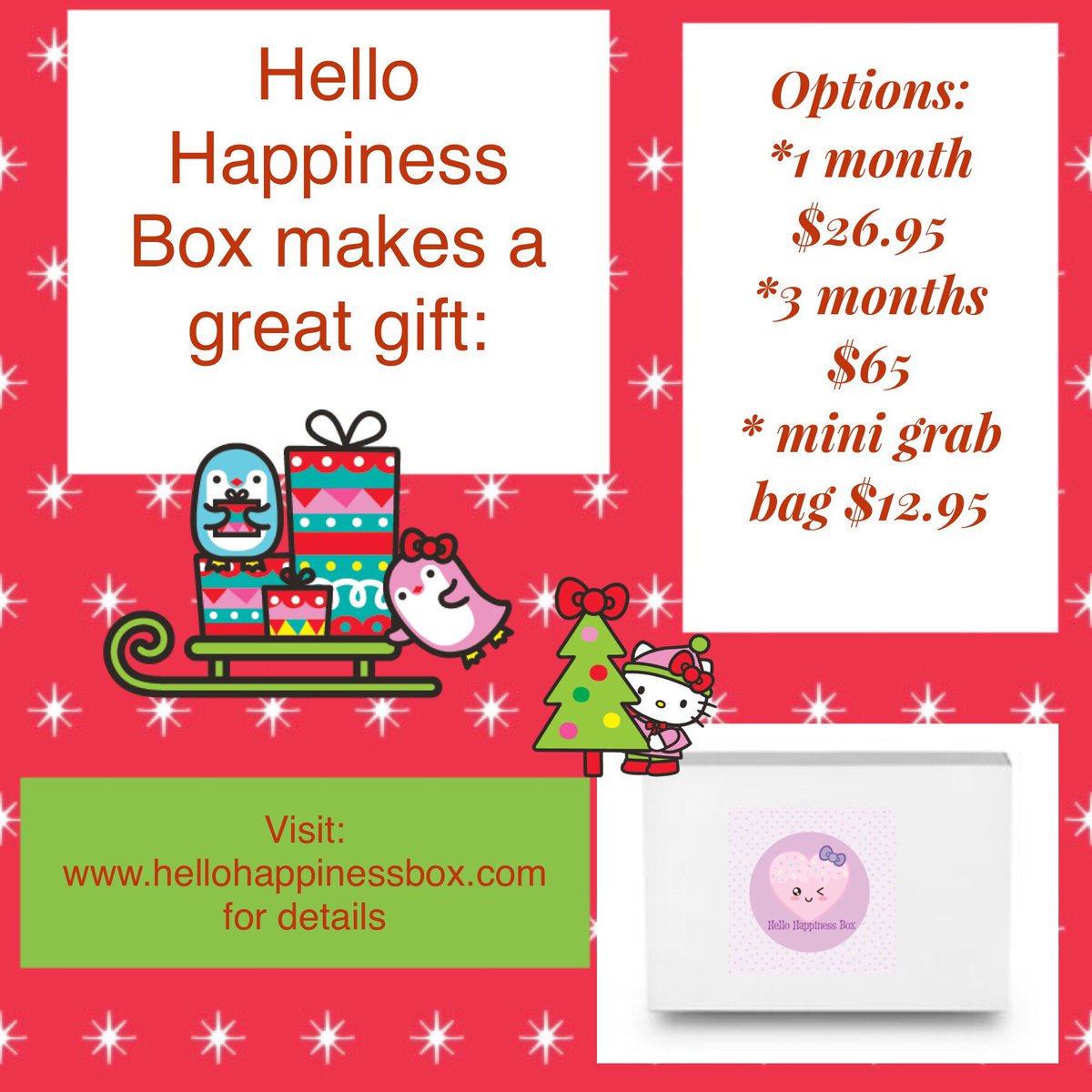 Hhappinessbox's tweet photo. A gift subscription for that hard to buy for girlfriend/teen/friend/sister visit our website for more details #sanrio #hellokitty #sanx #subscribe #subscriptionbox #subscriptionaddiction #kawaii #kawaiigirl #gudetama #subscriptionboxes https://t.co/uzoECH1gTp