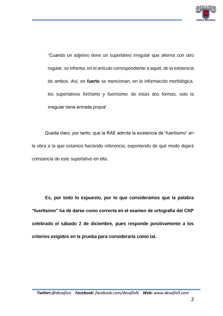 DesafioN's tweet photo. Aquí tenéis el informe lingüístico sobre la validez de "fuertísimo" en la prueba de ortografía del #CNP. Por supuesto, lo podéis emplear como creáis conveniente para la reclamación. Un saludo. https://t.co/7g111l0vRE