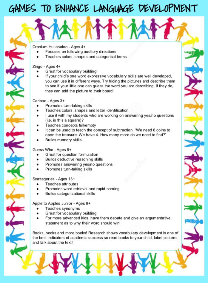 I have compiled a list of my favorite games that I use with my students to enhance language development. You may want to consider these for your little ones as you do your holiday shopping!