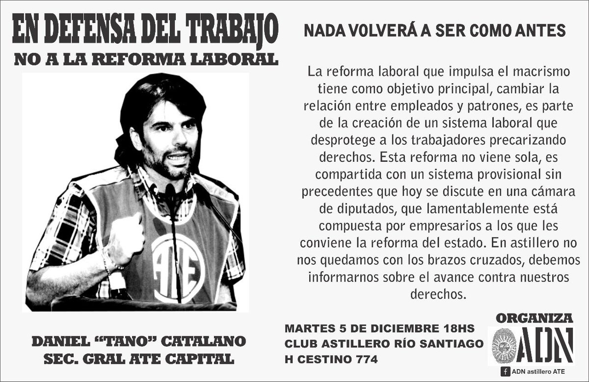 Urbanski_Fabian's tweet photo. No Son Reformas, Es Ajuste a La Clase Trabajadora, a Los Jubilados, A Los Niños a Nuestro Futuro. 
#NoalAjusteLaboral.
#NoalAjustePrevisional.
#NoalAjusteFiscal
#NoalAjustedelEstado
#Martes5DeDiciembre en el Club Astillero Rio Santiago. Horacio Cestino 774.- Ensenada. 18:00 Hs, https://t.co/qz7lnSJKCN