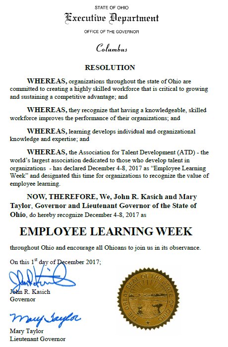 centralohioatd's tweet photo. Thank you to Gov @JohnKasich &amp; Lt Gov @MaryTaylorOH for signing this proclamation for the state of Ohio to recognize #ATDEmployeeLearningWeek. Join us all this week to celebrate and share your knowledge! Let's learn together! @ATD_Cle @ATDCincinnati #OHELW17 https://t.co/WdHAirjhfh