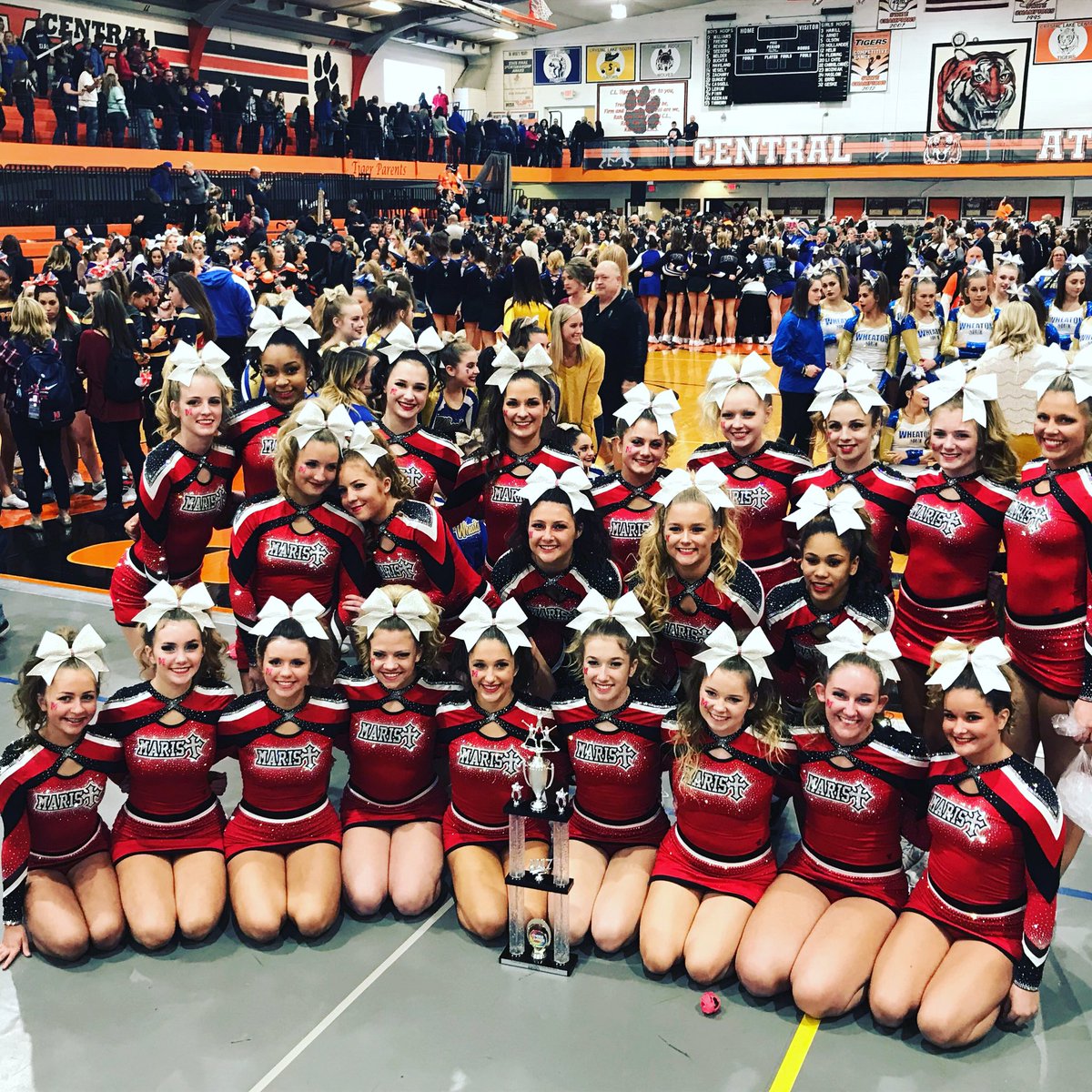 MaristCheer's tweet photo. It's a great day to be a Redhawk! ❤️ JV takes First place at Marian Catholic and Varsity takes Second place at CLC! Awesome job! Looking forward to the rest of our season! #CNS #FINAO https://t.co/PG4DhHJfsS