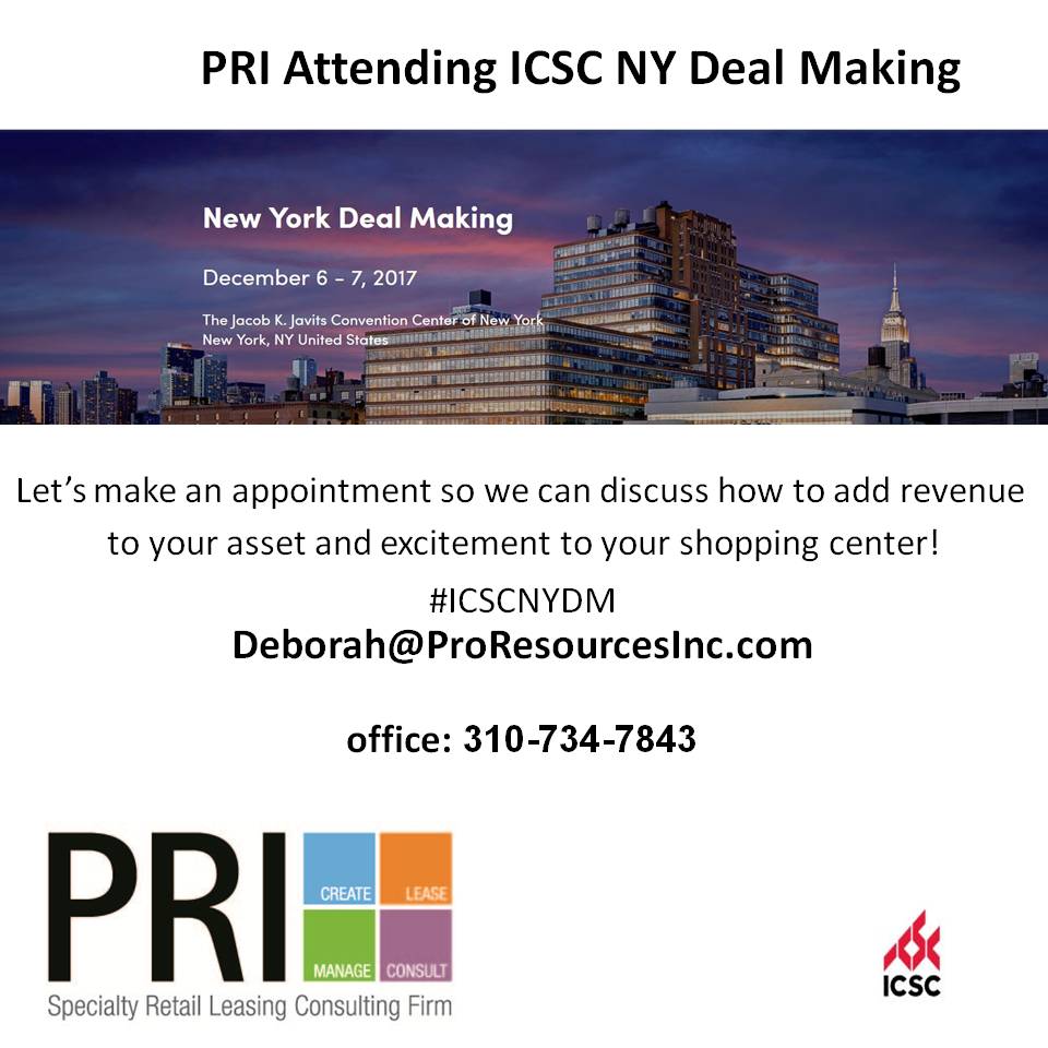 ProRetailInc's tweet image. Heading to #ICSCNYDM @ICSC tomorrow, first #NewYork retail tour, then on to the Show! Please reach out if you want a quick meeting to hear how #TeamPRI can add to your asset with Specialty Leasing.