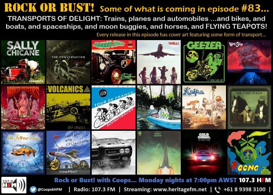 #transportsofdelight hits your airwaves tonight on Rock or Bust! with <a href="/Coops6HFM/">Coops</a> at 7:00pm AWST on <a href="/6HFM/">107.3HFM</a> 107.3HFM. All the songs come from a release featuring some form of transport in the cover artwork.
🚲🏍🚘🚚🚂✈️