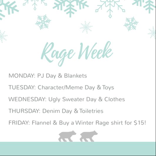 CHS Class of 2018 (@chsof_2018) on Twitter photo IT'S RAGE WEEK! DON'T BE LAME AND SHOW YOUR CAV SPIRIT! 
Here are the donation and spirit days: IT'S RAGE WEEK! DON'T BE LAME AND SHOW YOUR CAV SPIRIT! 
Here are the donation and spirit days: