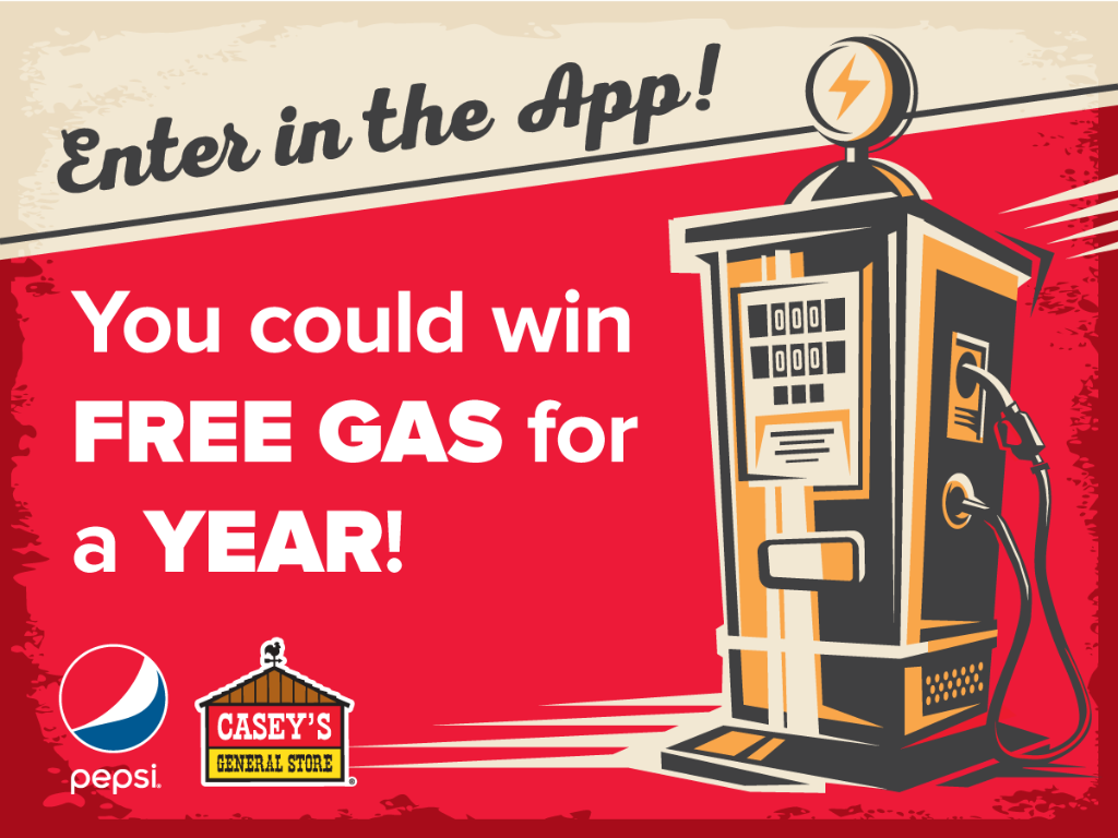 Download the app for a chance to win Free Gas for a Year, courtesy of Pepsi! Sweeps period is 11/1/2017-12/31/2017. Rules: caseys.com/pepsi-sweeps