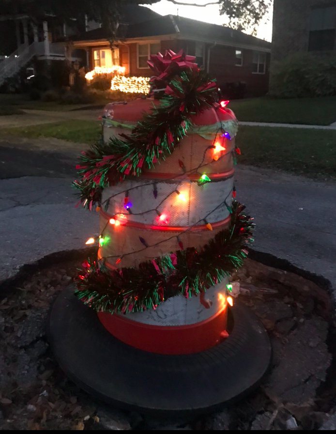 Danica May (@danicanmay) on Twitter photo Our traffic cone did look quite dreary.
Avenue A needed something more cheery!
Decked out in garland and lights
Our pothole now brightens our Christmas nights!
#Lakeview
<a href="/The_Gambit/">Gambit</a> <a href="/NOLAnews/">NOLA.com</a> <a href="/FOX8NOLA/">FOX 8 New Orleans</a> <a href="/OffBeatMagazine/">OffBeat Magazine</a> <a href="/theadvocateno/">New Orleans Advocate</a> <a href="/wdsu/">wdsu</a> <a href="/FOX8NOLA/">FOX 8 New Orleans</a> <a href="/TheLensNOLA/">The Lens</a> <a href="/MayorLandrieu/">Mitch Landrieu</a> Our traffic cone did look quite dreary.
Avenue A needed something more cheery!
Decked out in garland and lights
Our pothole now brightens our Christmas nights!
#Lakeview
<a href="/The_Gambit/">Gambit</a> <a href="/NOLAnews/">NOLA.com</a> <a href="/FOX8NOLA/">FOX 8 New Orleans</a> <a href="/OffBeatMagazine/">OffBeat Magazine</a> <a href="/theadvocateno/">New Orleans Advocate</a> <a href="/wdsu/">wdsu</a> <a href="/FOX8NOLA/">FOX 8 New Orleans</a> <a href="/TheLensNOLA/">The Lens</a> <a href="/MayorLandrieu/">Mitch Landrieu</a>