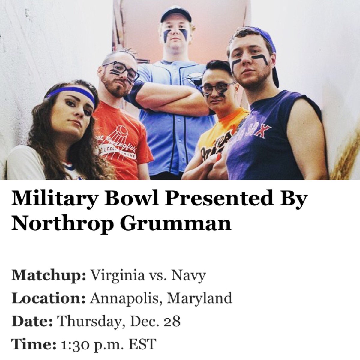 We will see all you UVA and Navy fans at the tailgate on December 28th in Annapolis #MilitaryBowl #ChampsGoBowling #uvafootball #navyfootball #midshipmen #hoos
<a href="/Justin_Ferber/">Justin Ferber</a> <a href="/UVa_Football/">UVA Football is now @UVAFootball</a> <a href="/NavyFB/">Navy Football</a> <a href="/PeteMedhurst/">PeteOnSports</a> <a href="/STL_UVA/">Streaking the Lawn</a> @