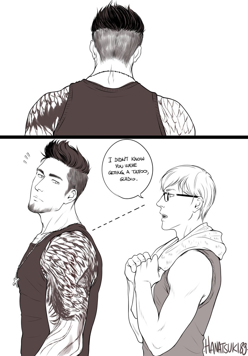 Hanatsuki89's tweet image. Gladnis week day 1--&amp;gt; "Tattoo"
Or, that one training in which Gladio shows up with the beginnings of his brand new whatever-bird-of-prey-this-is tattoo
(of course I took advantage of this prompt to draw more Brotherhood stuff, lol)