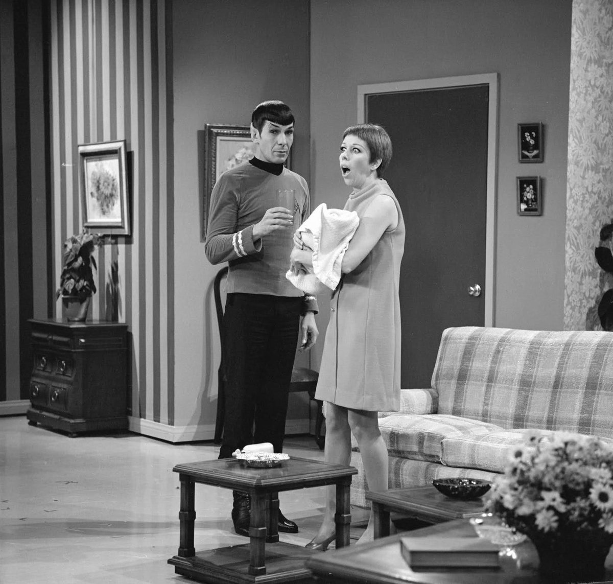 Carol Burnett with Leonard Nimoy as Spock on the first season of The Carol Burnett Show, December 1967. #scifi #startrek #CarolBurnett50