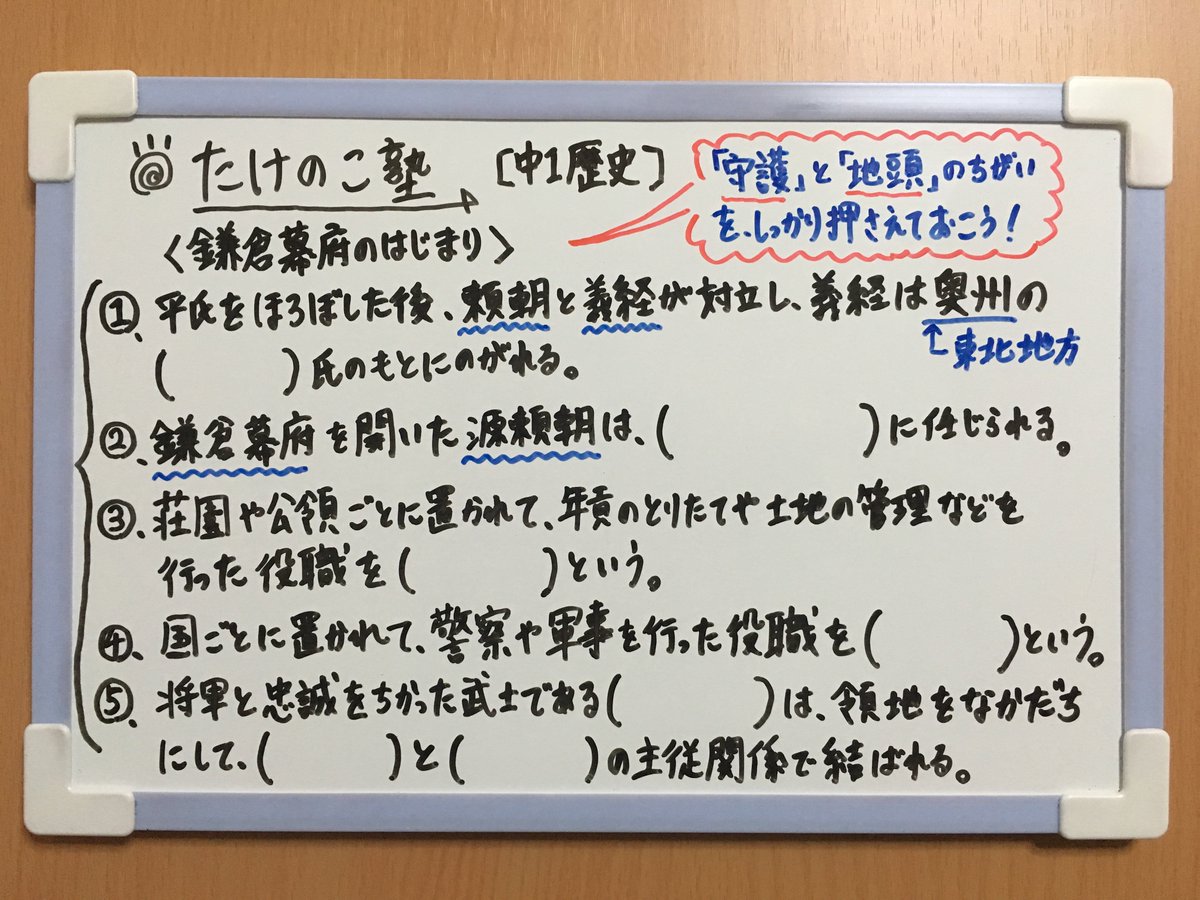 たけのこ塾 On Twitter 中1歴史 今回は 鎌倉幕府のはじまり についての問題です 守護 と 地頭 の違いを押さえておきましょう 守護 国ごとに置かれて 警察や軍地の仕事を行った 地頭 荘園 公領ごとに置かれて 年貢の取り立てや土地の管理を行った
