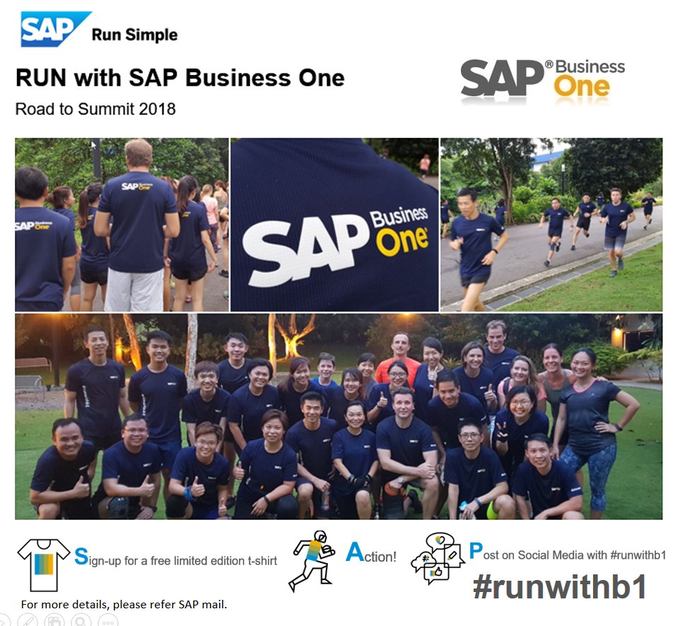 anil_marali's tweet photo. Dear Partners, Are u ready for a fitter u in 2018? RUN with #SAPBusinessOne
Sign-up for a free limited edition t-shirt -> Action -> Post on #SocialMedia with #runwithb1 For more details, check #SAP mail.  
Register https://t.co/kmmwGhLhrh
So let’s #runwithb1 Road to #Summit2018 https://t.co/e8zC1DVeSX