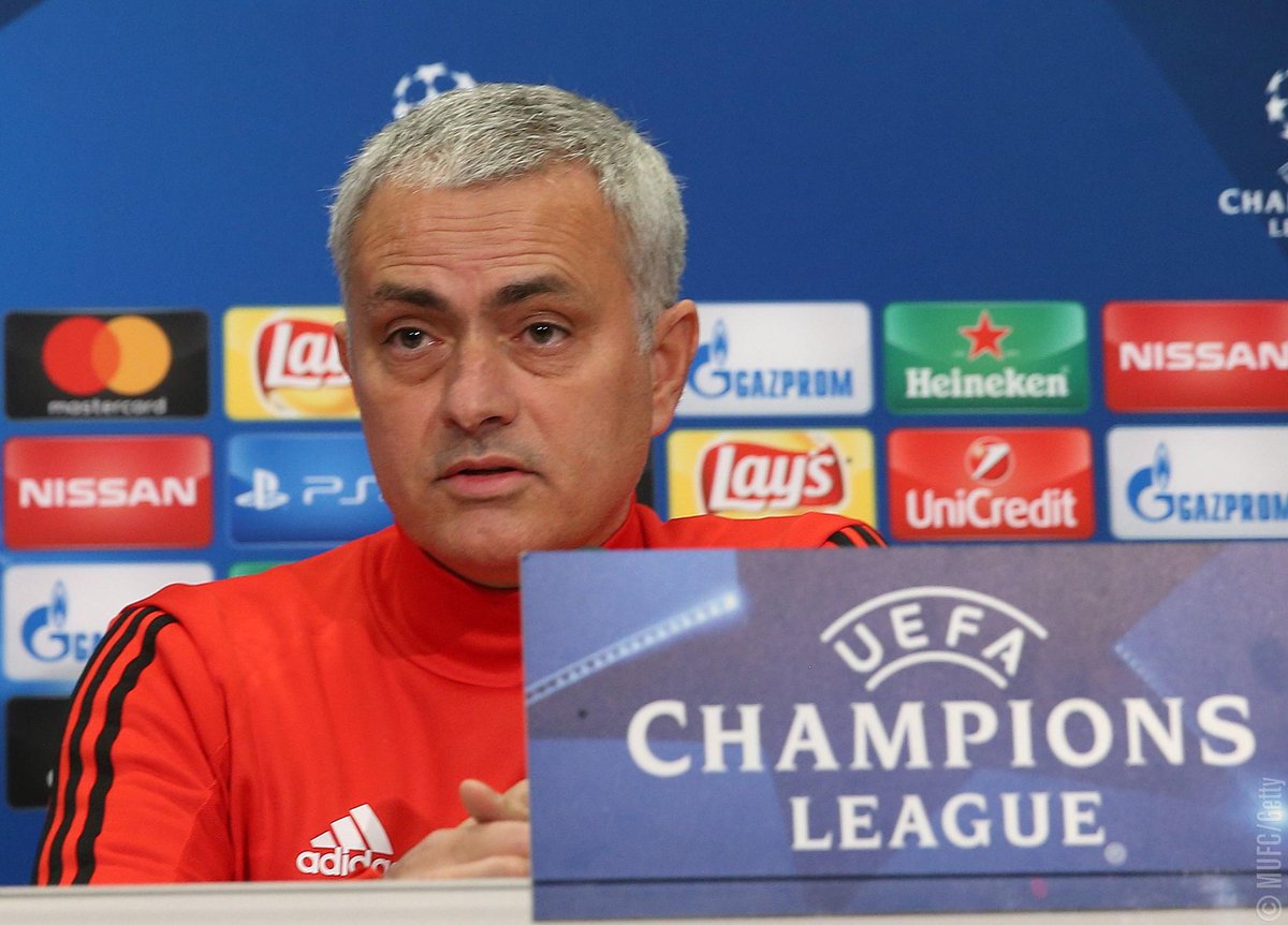 ManUtd's tweet photo. It's #UCL press conference day - join us at around 14:00 GMT for all the key points from Jose Mourinho. #MUFC https://t.co/X1fMZW3tLe