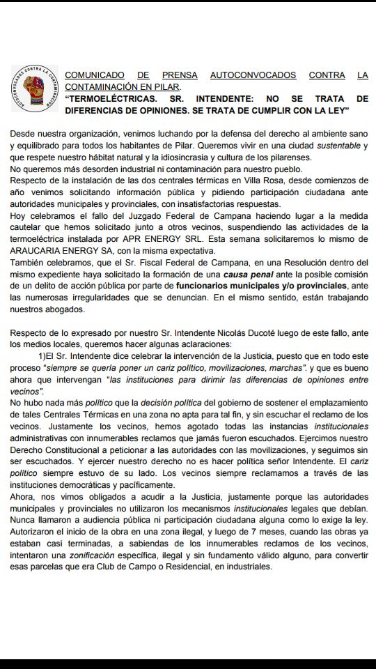 gualma's tweet photo. Sr. Intendente @NicoDucote. No se trata de diferencias de opiniones, se trata de derechos, de cumplir con La Ley. Los Autoconvocados contra la Contaminación en Pilar comunicamos:  #NoalasTermoelectricas https://t.co/YnEpEv1kB9 https://t.co/BqceEkMVTV