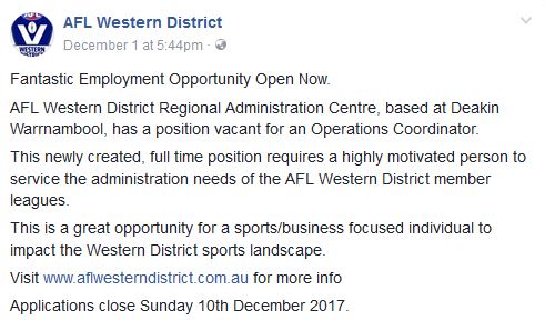 AFL Western District (@afl_wd) on Twitter photo Love AFL? Check out this role with us. <a href="/aflvic/">AFL Victoria</a> <a href="/WboolStandard/">The Standard</a> <a href="/TheObserver3305/">portland observer</a> <a href="/HSpecAus/">Hamilton Spectator</a> Love AFL? Check out this role with us. <a href="/aflvic/">AFL Victoria</a> <a href="/WboolStandard/">The Standard</a> <a href="/TheObserver3305/">portland observer</a> <a href="/HSpecAus/">Hamilton Spectator</a>