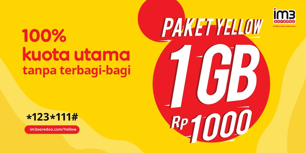 indosatim3's tweet photo. Kuota itu bagaikan cinta, GAK BISA DIBAGI! Paket #Yellow1GB dgn kuotanya 100% utama, artinya ga ada lagi kuota yg terbagi buat hal yg gak kamu gunakan. Beli paket Yellow skrg *123*111#! Cukup sekali daftar, langsung perpanjang otomatis.  Info https://t.co/R1ZddnWjAC https://t.co/DlpxmSSmlt