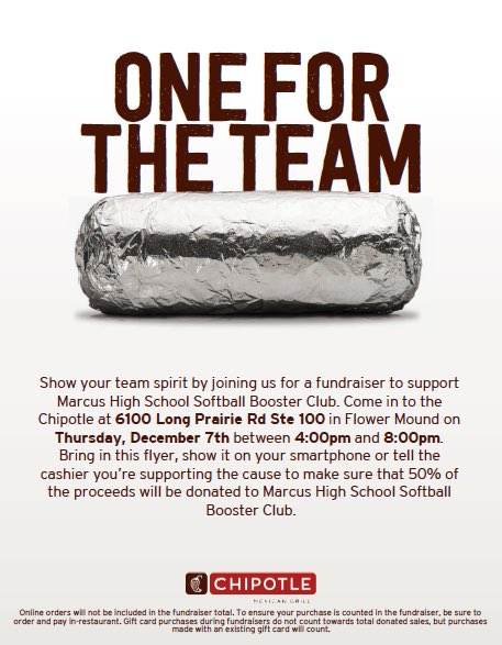 marcus_softball's tweet image. Please support Marcus Softball Thursday 4-8pm at Chipotle. Mention Marcus Softball when you pay. Spread the word!